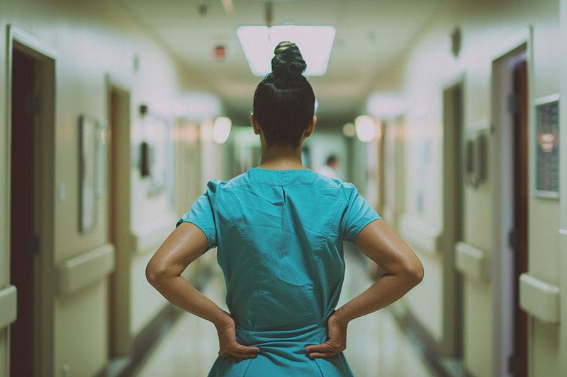 Los Angeles hospital nurse stretching lower back during shift due to repetitive lifting strain