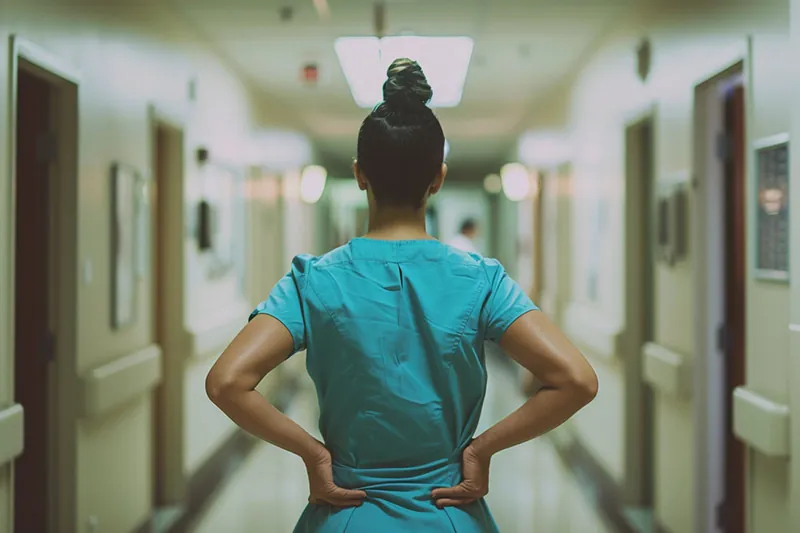 Los Angeles hospital nurse stretching lower back during shift due to repetitive lifting strain