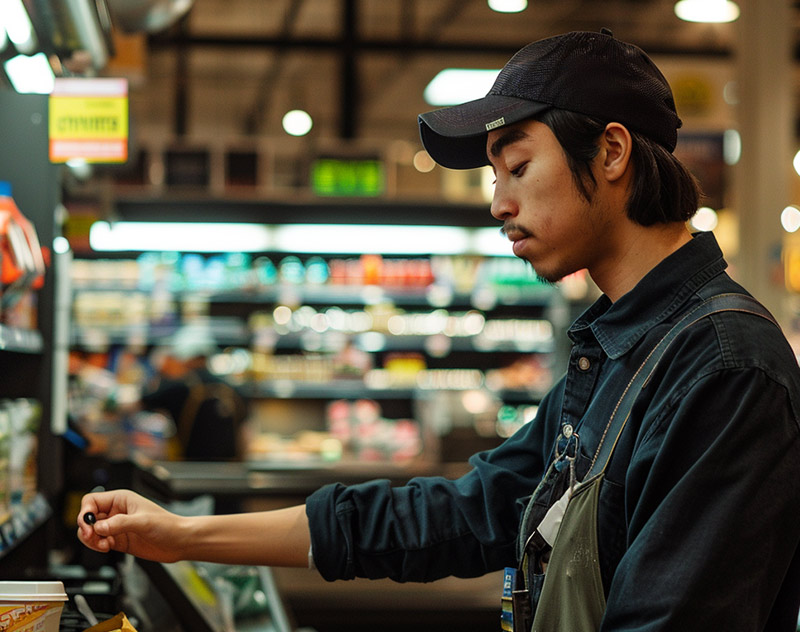 Los Angeles grocery store clerk reaching to scan items at checkout experiencing repetitive shoulder strain