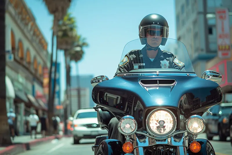 A Police Officer drives to work in a motorcycle