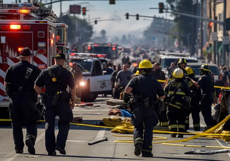 Firemen and police officers respond to a scene in Los Angeles