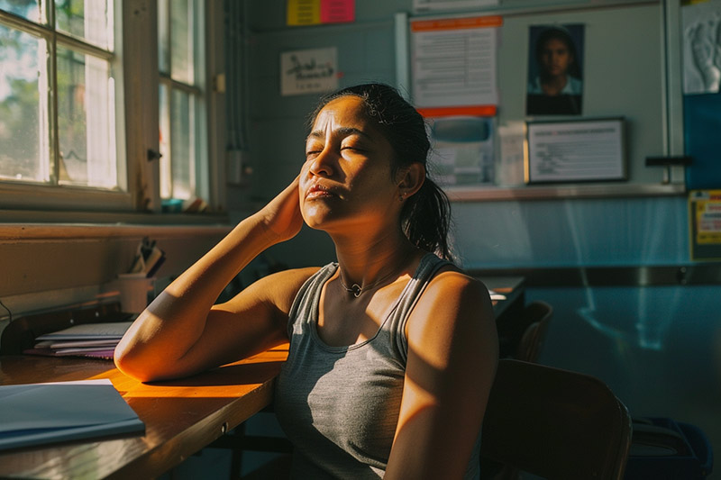 Los Angeles teacher experiencing neck strain after long hours grading papers at desk
