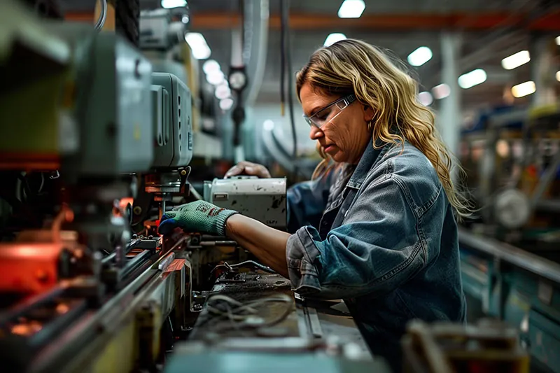 A woman working in a factory with safety goggles.