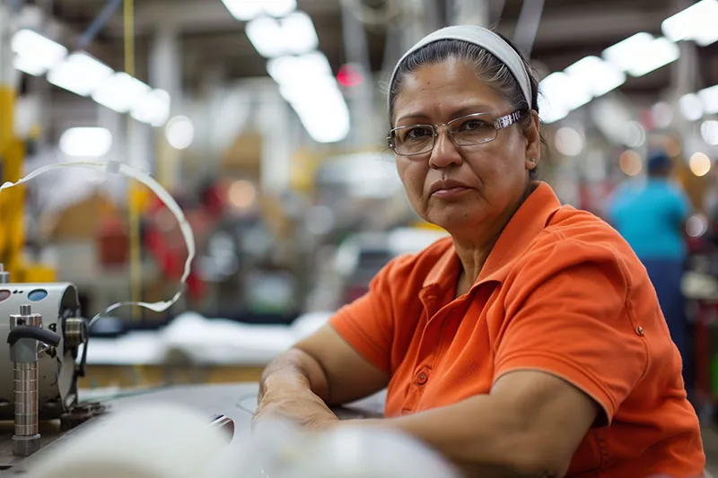 A woman in an orange shirt works at a factory in Los Angeles